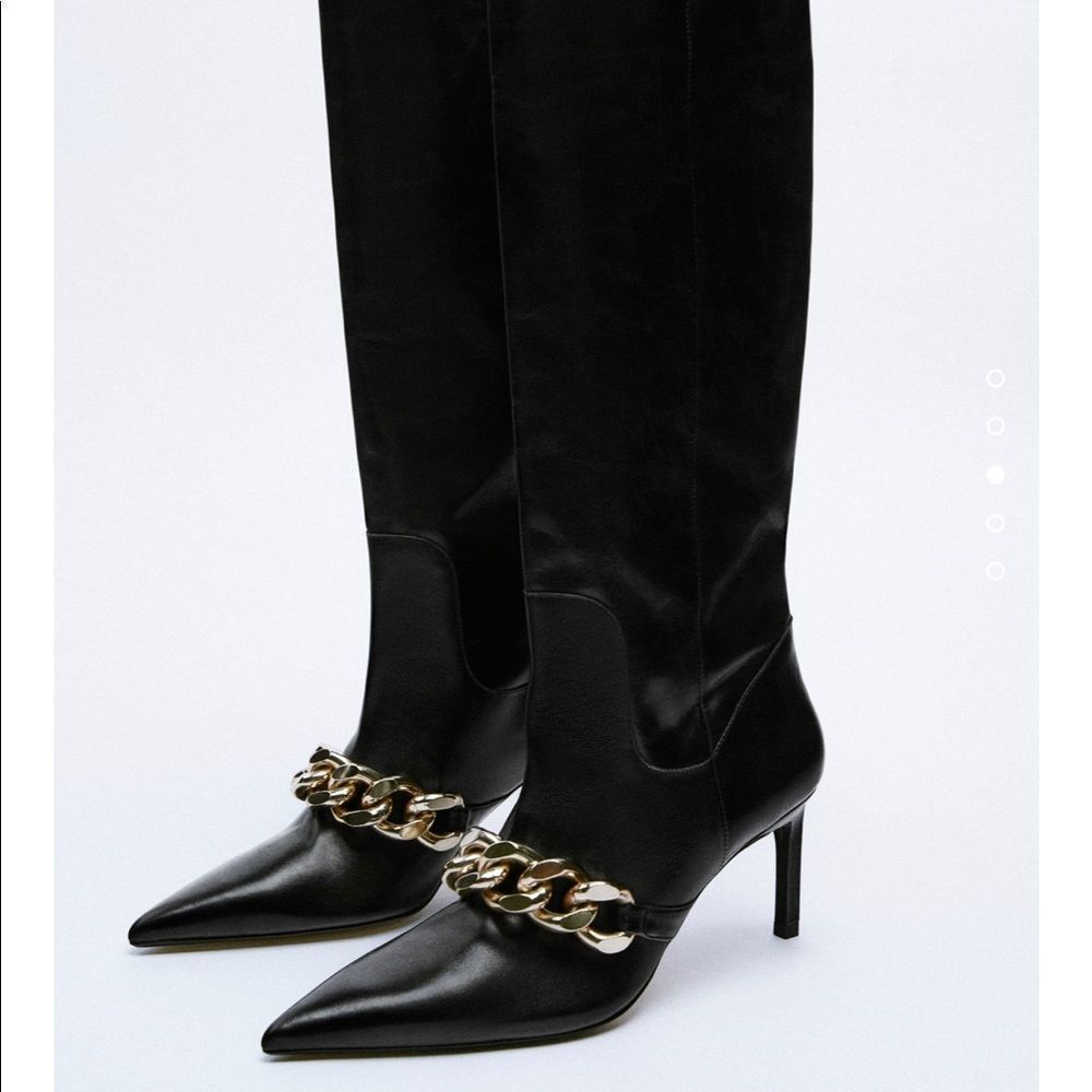 ZARA Chain Detail Heeled Leather Knee High Boots